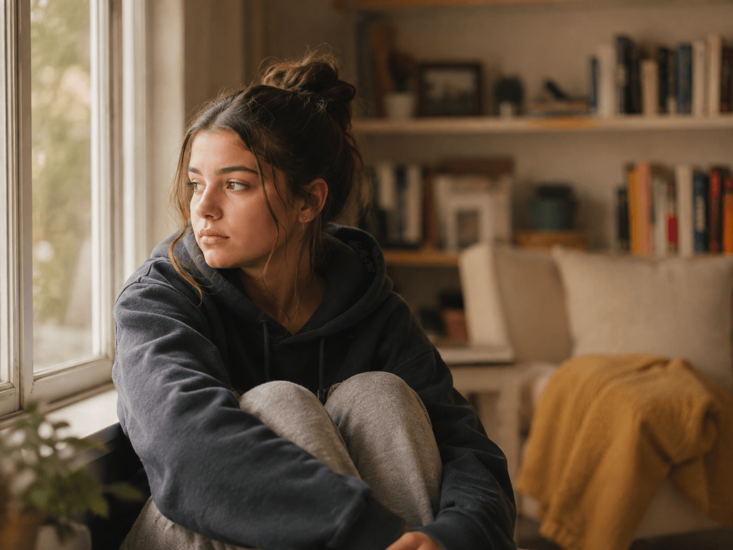 Young woman sitting thoughtfully by a window